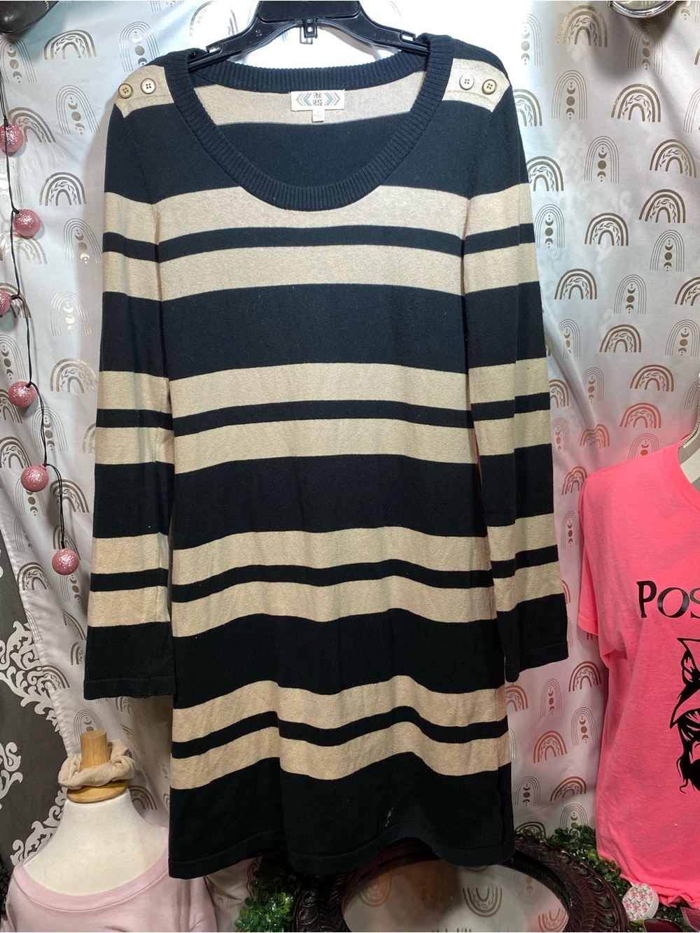 Pink Rose Black and Cream Striped Crewneck Sweater
